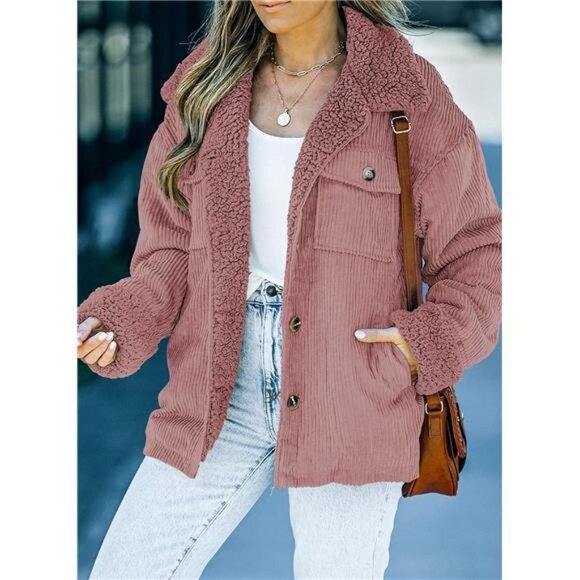 Women's Corduroy Sherpa Jacket Button Down Fleece Fur Collar Winter Coat - Picture 5 of 6